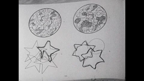 1950s: Boy traces shapes in test booklet with pen. Boy traces star, struggles to Video stock 243365672