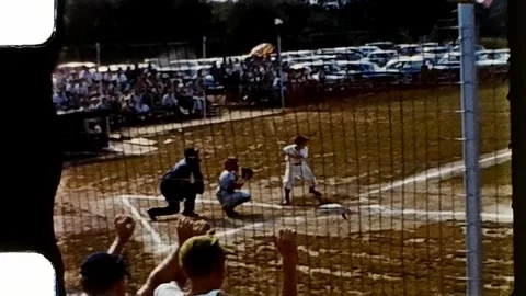 1950s boys baseball batter strike. Vintage 8mm Home Video. Stock Footage 279860444