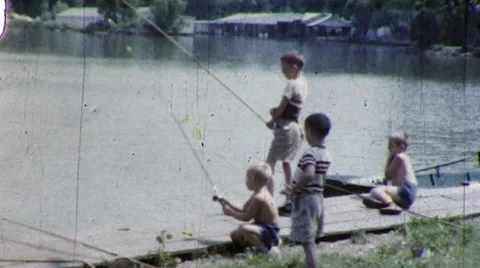 1950s Boys Kids Gone Fishing Playing Hooky Summer Old Vintage Film Home Movie Stock Footage