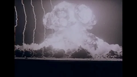 1950s Cold War Bomber Delivers Atomic Bomb Explosion Vintage Old Film Movie Stock Footage 122617124