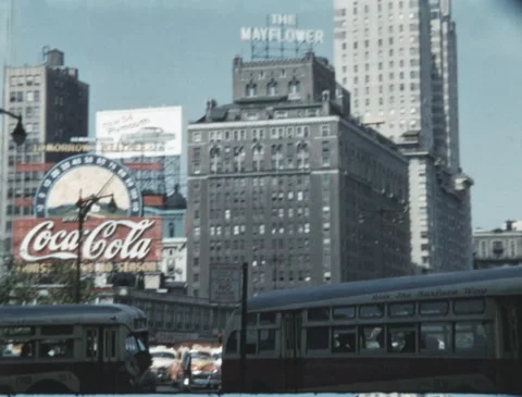 1950s Columbus Circle NYC: Coca-Cola Weather Dial &amp; City Life - 16mm Film, 2K Stock Footage 300799093