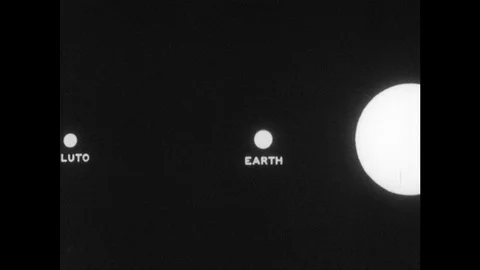 1950s: Diagram of Pluto, the Earth and the sun in relation to each other. A Stock Footage 84444771