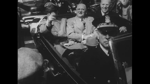 1950s: Douglas MacArthur in car with Elmer Robinson and Earl Warren / Crowd on Stock Footage