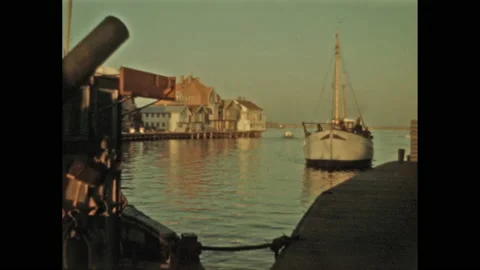 1950s: Fishing boat in harbor. Boat pull... | Stock Video | Pond5