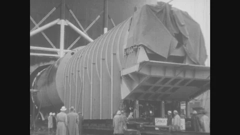 1950s: Full Scale Engine Model Is Moved Into Testing Sphere. Animation Of Engine Video stock 81101054