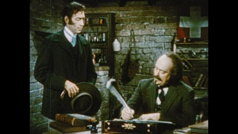 1950s: General John Sutter writes at desk and speaks to man in office. Men in Stock Footage 116858080