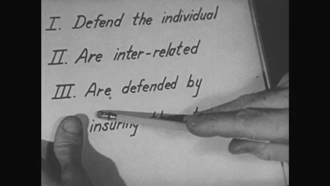 1950s: Hand holding pencil points to words