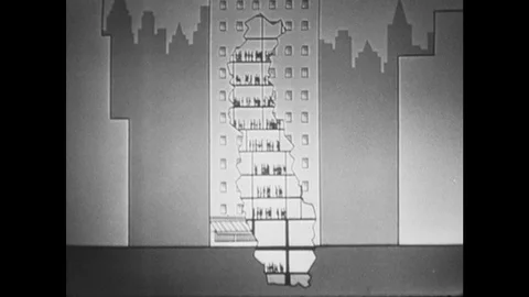 1950s: Hand holds pointer.  Diagram of tall building. Stock Footage 121383792