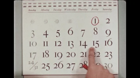1950s: Hand points to calendar, circles date. Man and boy talking, walk from Stock Footage 262562234