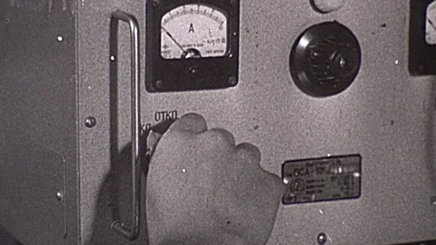 1950s Hand Turns Dial Flips Switch On Start Control Panel Vintage Old Film Movie 스톡 동영상 75214959