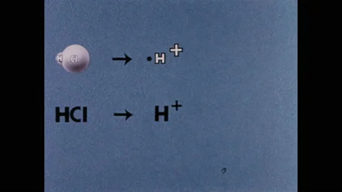 1950s: HCl atom splitting into hydrogen ion and chlorine ion, HCl gas pumped Stock Footage