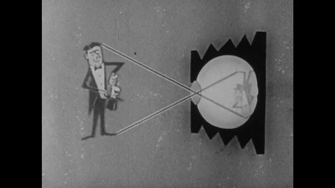 1950s: Illustration of eye with man pulling rabbit out of hat. Arrow points to Stock Footage 122302693