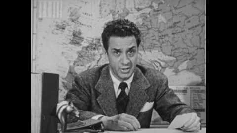 1950s: index card with 4 "Steps To Self-Reliance", man in suit near Europe map Stock Footage 296504608