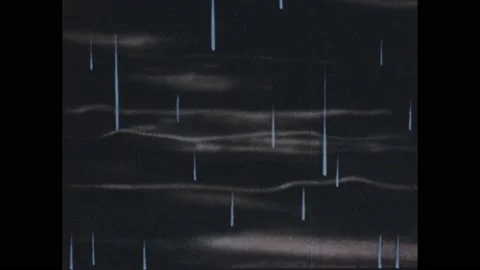 1950s: Lightning against clouds. Animation of rain. A raindrop runs into a Video stock 160573336