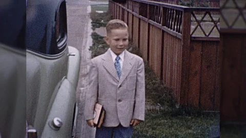 1950s Little Boys Going to Church Service Sunday School Vintage Film Home Movie Stock Footage