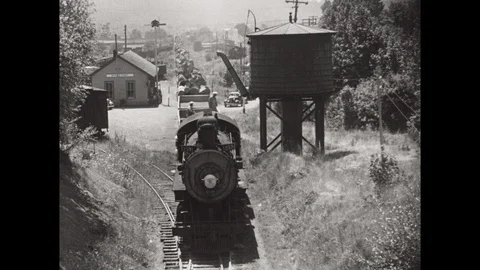 1950s: Lumber train runs through town. Men pose next to dairy truck. Stock Footage 109242361