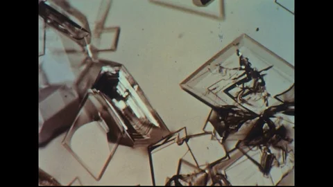 1950s: Magnified view of crystals in liquid. Stock Footage