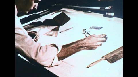 1950s: Man at drafting table / Man using computer / Man in lab / Man at table / Stock Footage 74599930