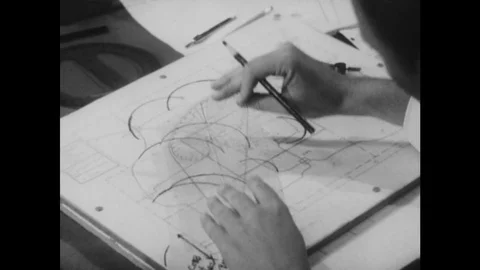 1950s: Man draws fallout forecast on map. Man draws line with pencil. Men work Stock Footage 75167104