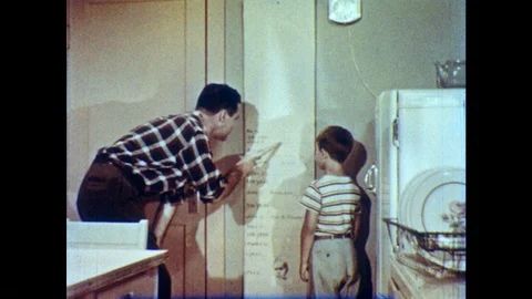 1950s: Man looks at marks on board, holds ruler perpendicular to board. Boy Stock Footage 83791042