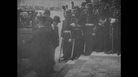 1950s: Man opens car door, people exit car. President Woodrow Wilson and First Stock Footage 127731005