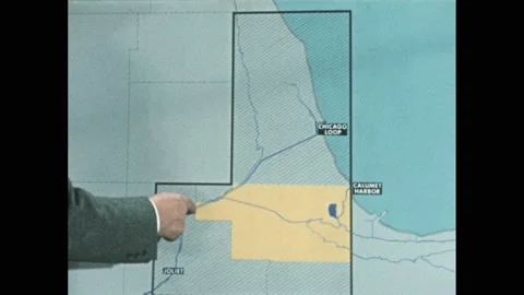 1950s: Man in suit shows map of Chicago waterfront to boardroom meeting. Vídeos de archivo 238929700