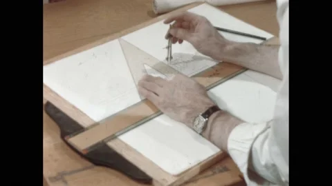 1950s: man using ruler and architect scale to map out design on paper Stock Footage 171879941