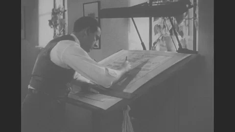 1950s: Man Works At Drafting Table On Flow Sheet For Phosphorus Then Flips Stock Footage 81440159