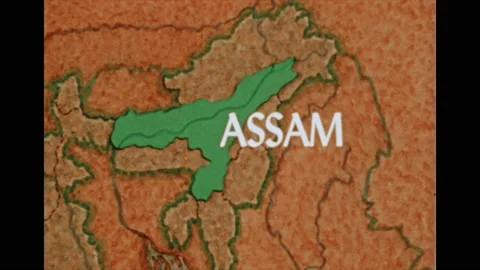 1950s: Map of India, Assam, Brahmaputra highlighted. Aerial view, roads, trees, Stock Footage 189956482