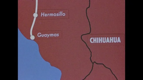 1950s: Map of Mexico with Hermosillo, Guaymas and Alamos as plot points. Station Vídeos de archivo 84866909