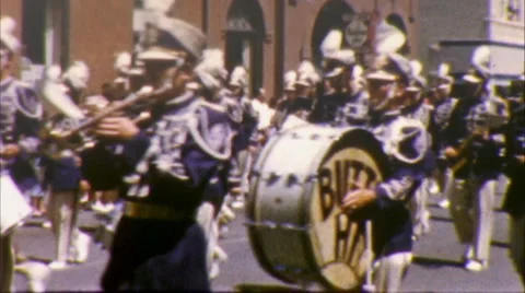 1950s Marching Band SMALL TOWN AMERICAN PARADE Vintage Film Home Movie Stock Footage