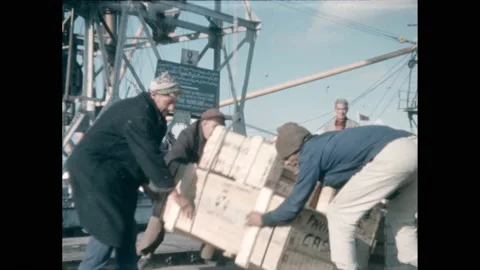 1950s: Men and cranes load stacks of crates onto trailer at shipping docks. Video stock 219816333