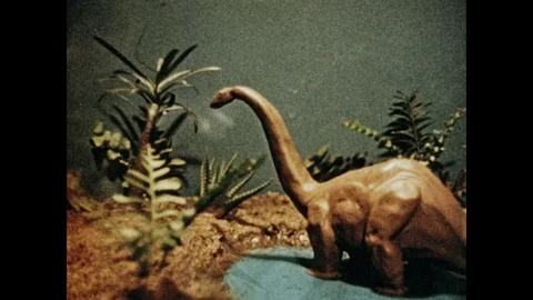 1950s: Model of brontosaurus in environment. Model of stegosaurus. Video stock 104096911