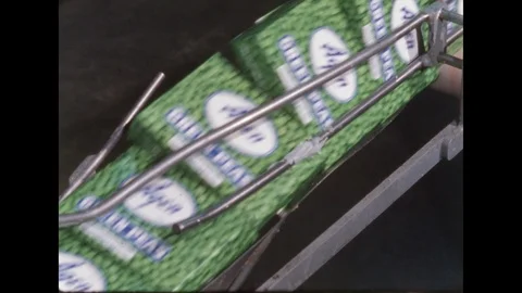 1950s: Packaged peas move through packaging machine. Stock Footage 112420321