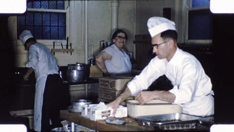 1950s Restaurant Chef Kitchen Worker Cooking Food Vintage Old Film Home Movie Stock Footage