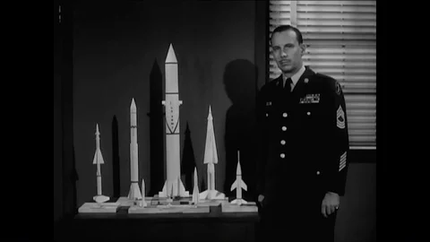 1950s - Sergeant Stuart Queen presents the U.S. Armys guided missile program. Stock-Footage 85958875