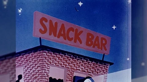 1950s Snack Bar Drive In Movie Theater Vintage Film Intermission Promo Graphic Stock Footage