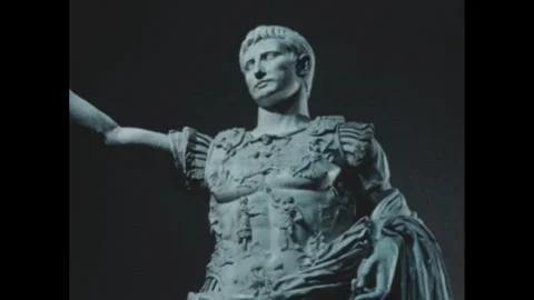 1950s: Statue of Emperor Augustus in armor. Bust of Julius Caesar. Bust of a man Video stock 295375482