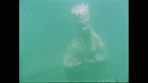 1950s: Statue of monarch underwater. Fish swims. Bust mounted to wall. Stock Footage 234545119