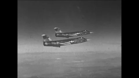 1950s - Supersonic Air Force jets blast off and a Colonel speaks to the camera Stock Footage 86136785