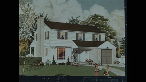 1950s: Table, man sits across from couple, they examine drawing of house, smile, Stock Footage 140123555