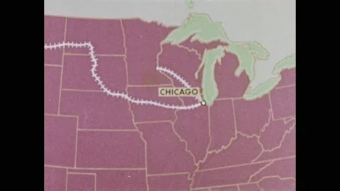 1950s: Train driving though rail yard. Map of Midwestern states, rail lines Vídeos de archivo 147202542