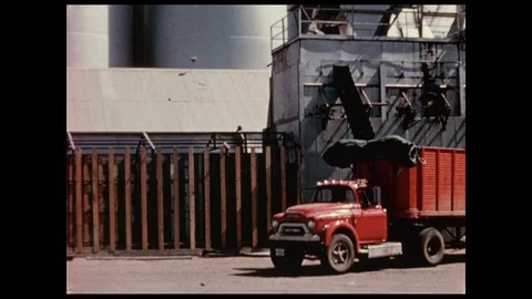 1950s: Truck backs up to grain elevator. Man vacuums up grain from pile. Stock Footage 113210590