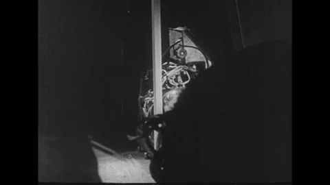 1950s: Two dogs are placed inside a space capsule by astronauts. Stock Footage