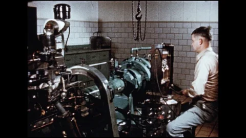 1950s: UNITED STATES: engine test laboratory. Lubrication testing at petroleum Video stock 110814769