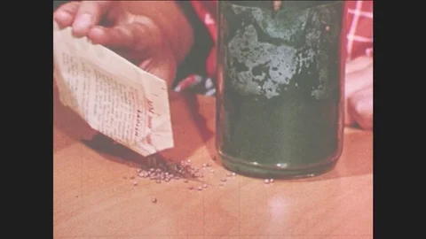 1950s: UNITED STATES: hand sprinkles seeds on table. Girl plants seeds in jar. Stock Footage