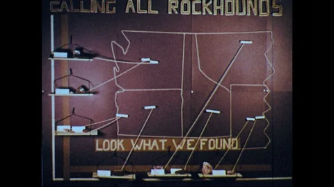 1950s: various bulletin boards include "Calling all rock hounds/Look what we Vidéo 129568896