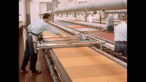 1950s: View of field, mountain. Workers printing fabric in factory. Exterior of Stock Footage 142491777
