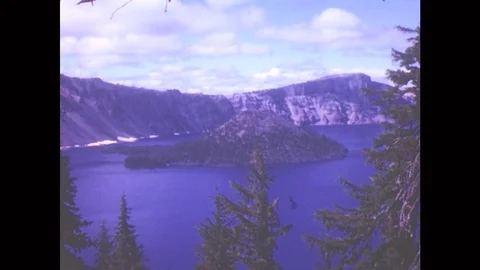 1950s: View Through Trees To Lake, Mountains, Island. Shrubs On Cliff Edge To Stock Footage