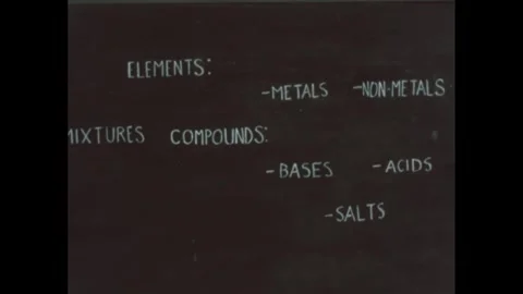 1950s: words in chalk on a chalkboard: elements, metals, non-metals, compounds, 스톡 동영상 279488238